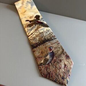 Vintage Van Heusen 417 Men's Silk Necktie Pheasants Flying Hunting Outdoors
